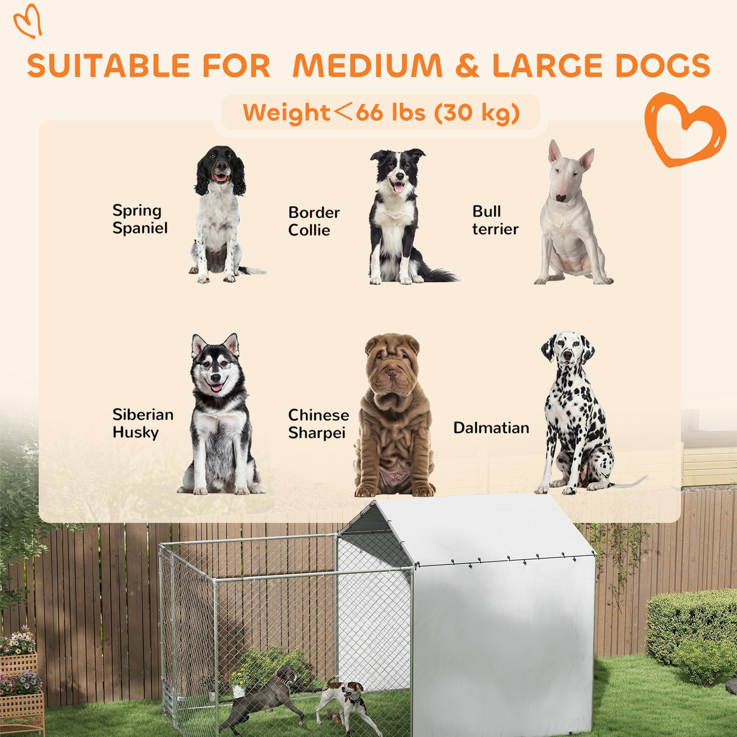 Galvanized Chain Link Large Outdoor Dog Kennel with Waterproof & UV-Resistant Cover, for M&L Dogs, 13.1' x 7.5' x 7.5'