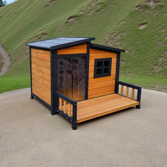 Collarpaws™ Large Dog House Outdoor Indoor for Small Medium Large Dog, Wood Insulated Dog Kennel Home with Durable Weatherproof Asphalt Roof and Elevated Floor Outside Shelter Brown 39x37x30 Inches