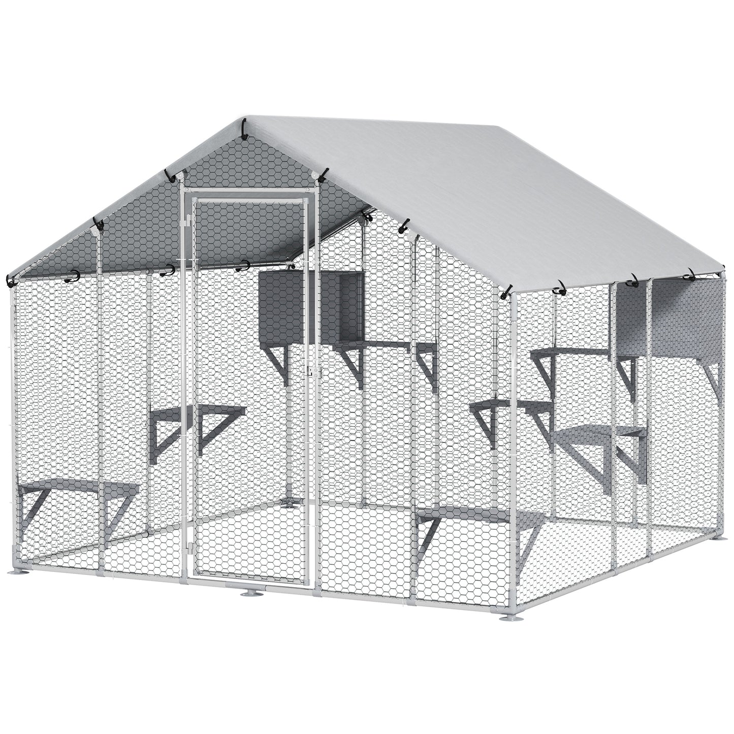 94.5" Extra Large Collarpaws™ Metal Outdoor Catio with Waterproof Cover, 2 Resting Boxes, 7 Jumping Platforms, for Multiple Cats