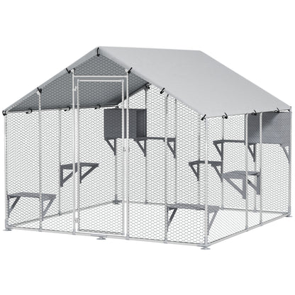 94.5" Extra Large Collarpaws™ Metal Outdoor Catio with Waterproof Cover, 2 Resting Boxes, 7 Jumping Platforms, for Multiple Cats