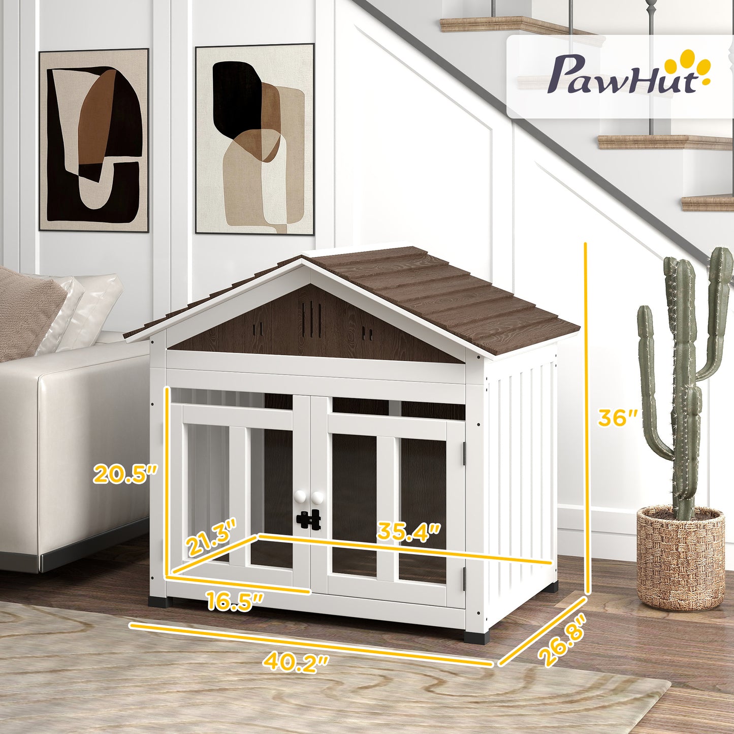 40"L Collarpaws™ Wooden Dog House Outdoor Indoor For Small, Medium, Large Dogs, With Air Vents & Elevated Removable Floor