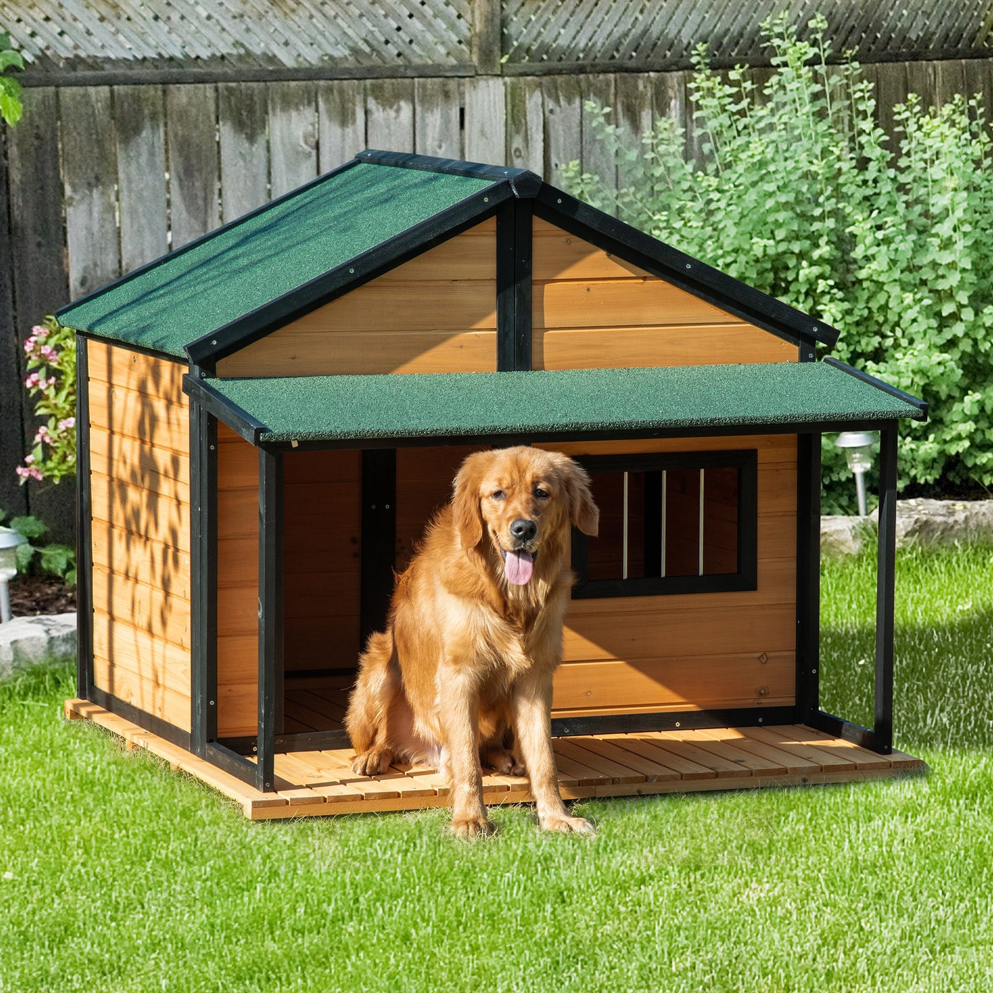 Outdoor Dog House Cabin Style, Wooden Raised Pet Kennel with Asphalt Roof, Front Door, Side Window, Porch for Medium and Large Dogs, Gray