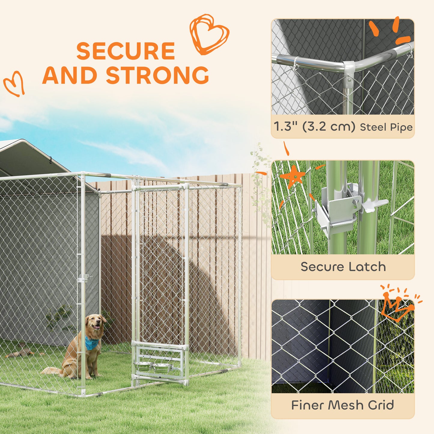 Galvanized Chain Link Large Outdoor Dog Kennel with Waterproof & UV-Resistant Cover, for M&L Dogs, 13.1' x 7.5' x 7.5'