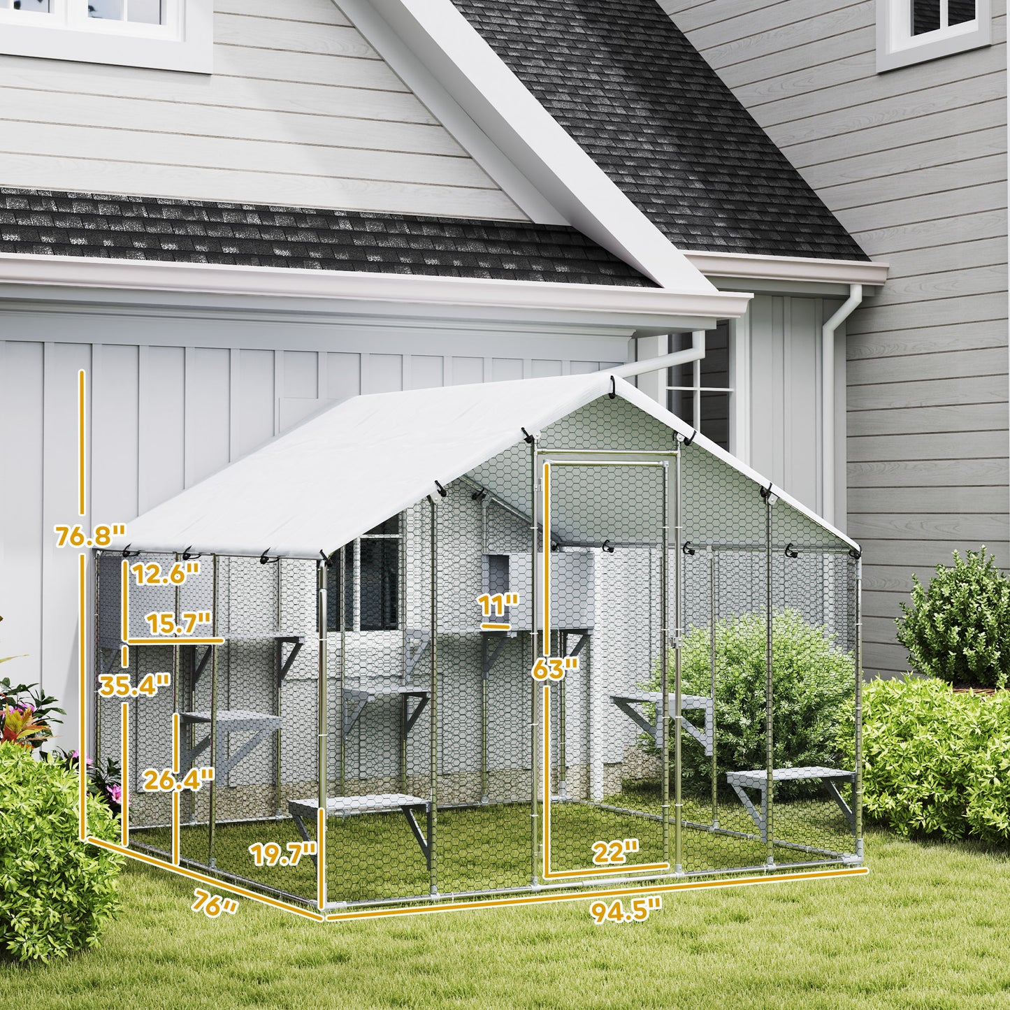 94.5" Extra Large Collarpaws™ Metal Outdoor Catio with Waterproof Cover, 2 Resting Boxes, 7 Jumping Platforms, for Multiple Cats