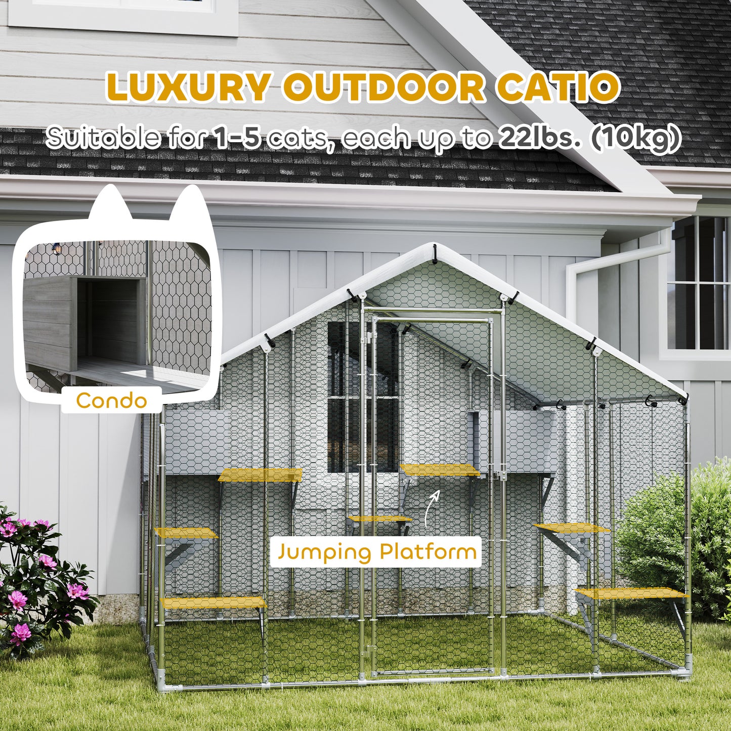 94.5" Extra Large Collarpaws™ Metal Outdoor Catio with Waterproof Cover, 2 Resting Boxes, 7 Jumping Platforms, for Multiple Cats