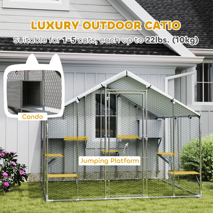 94.5" Extra Large Collarpaws™ Metal Outdoor Catio with Waterproof Cover, 2 Resting Boxes, 7 Jumping Platforms, for Multiple Cats