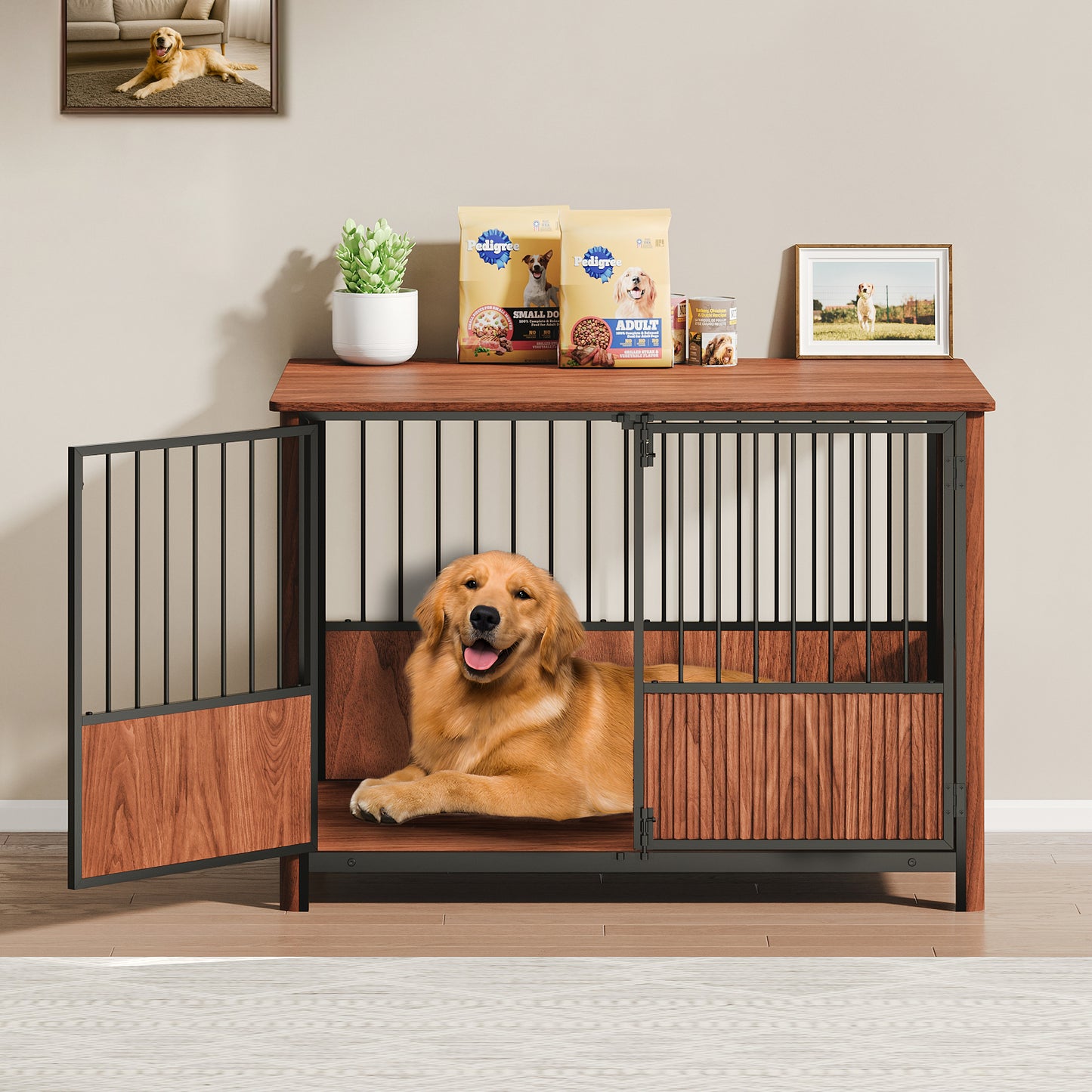 Collarpaws™ 43 Walnut Fluted Wood Furniture Style Dog Crate For Large & Medium Dogs - Double Door Design, Decorative Pet House & Indoor Side End Table.
