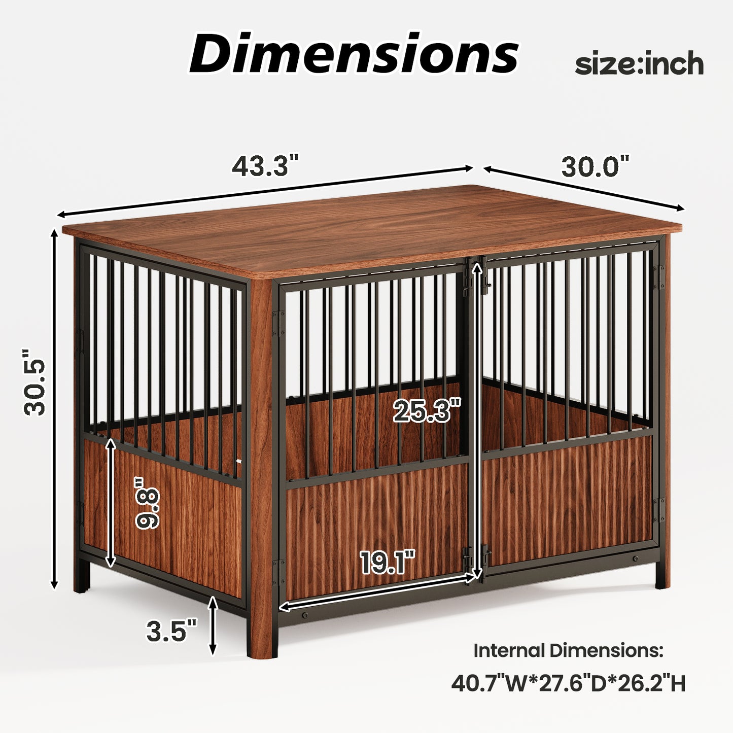 Collarpaws™ 43 Walnut Fluted Wood Furniture Style Dog Crate For Large & Medium Dogs - Double Door Design, Decorative Pet House & Indoor Side End Table.