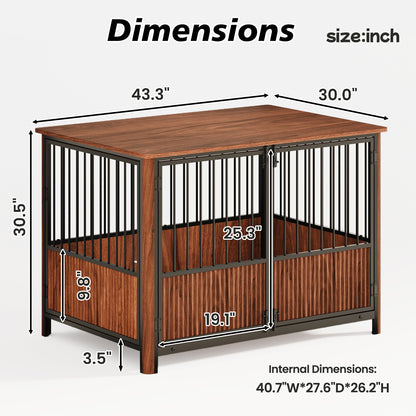 Collarpaws™ 43 Walnut Fluted Wood Furniture Style Dog Crate For Large & Medium Dogs - Double Door Design, Decorative Pet House & Indoor Side End Table.