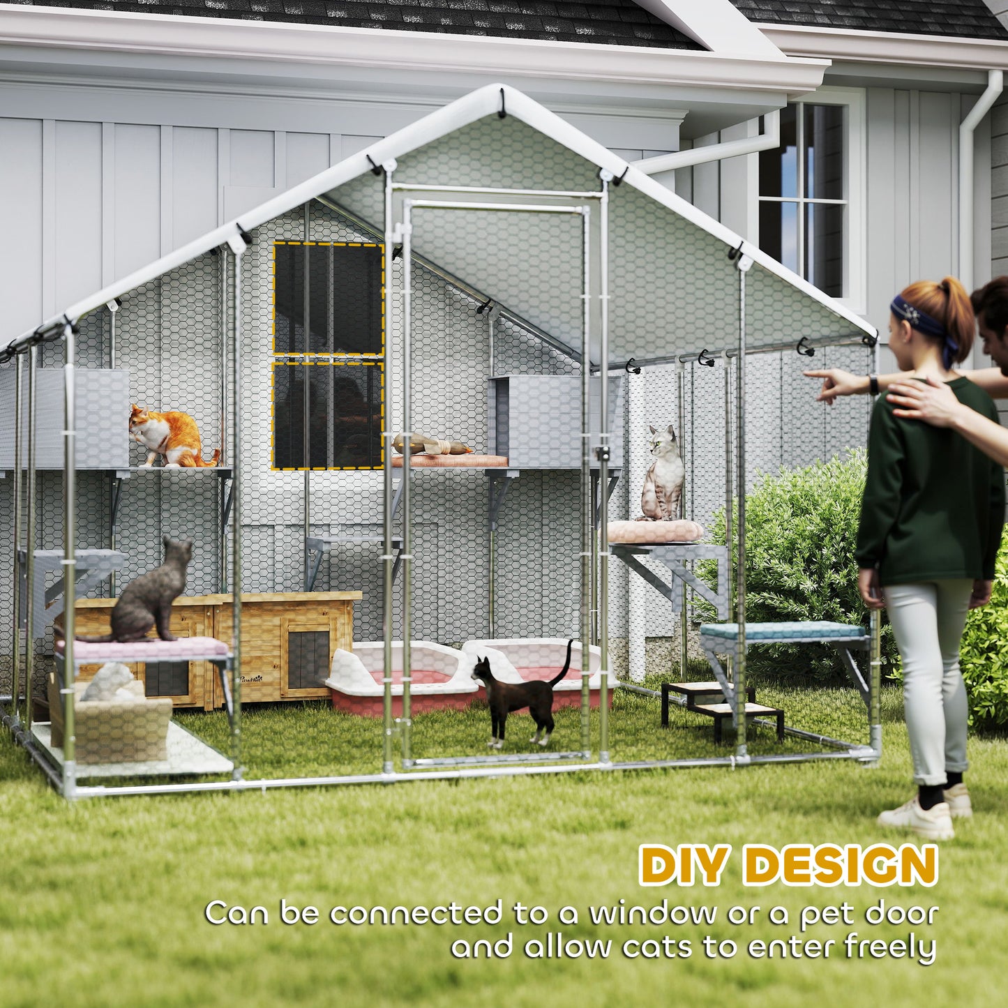 94.5" Extra Large Collarpaws™ Metal Outdoor Catio with Waterproof Cover, 2 Resting Boxes, 7 Jumping Platforms, for Multiple Cats