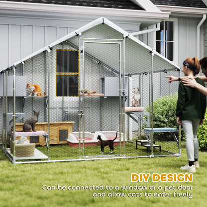 94.5" Extra Large Collarpaws™ Metal Outdoor Catio with Waterproof Cover, 2 Resting Boxes, 7 Jumping Platforms, for Multiple Cats