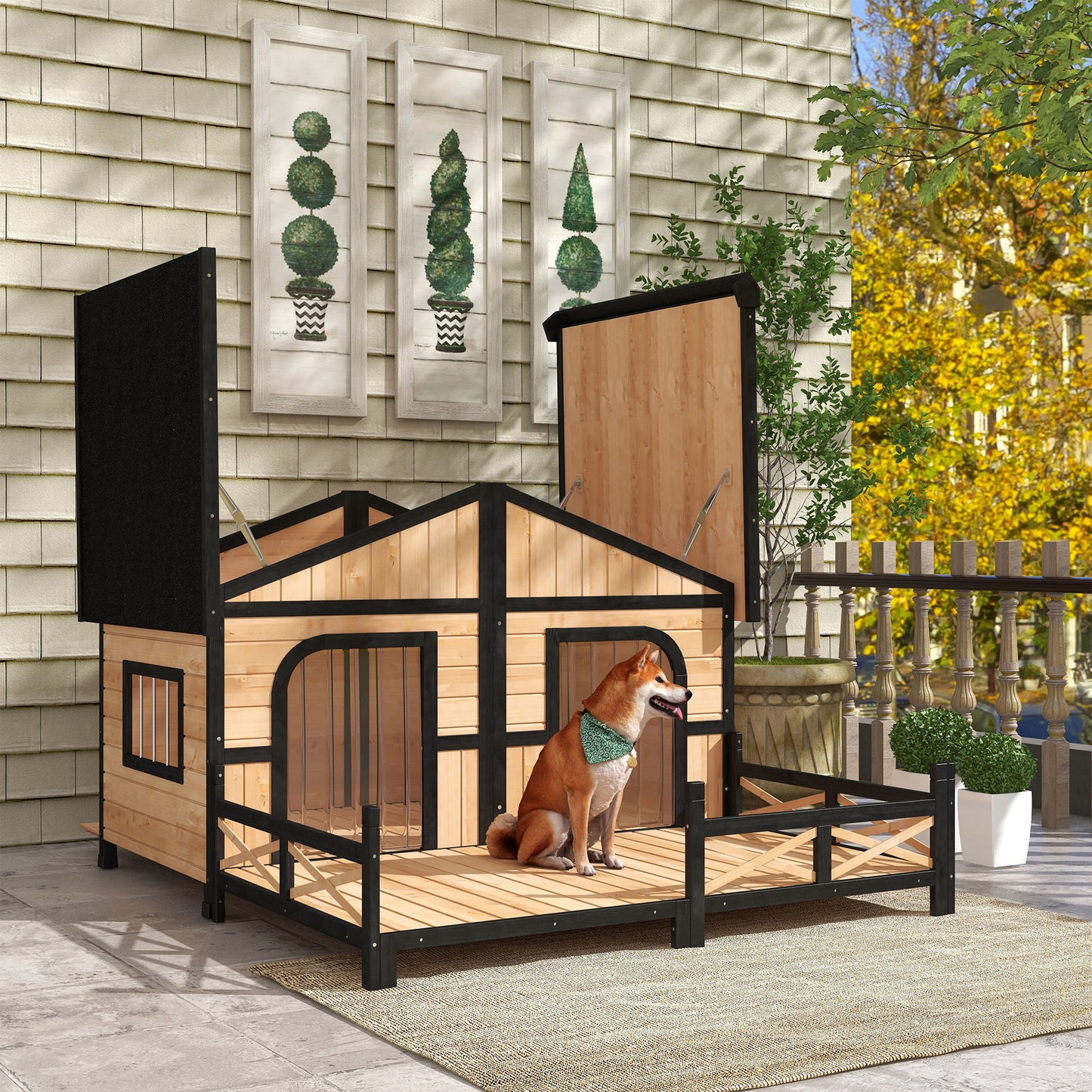 59x64x39 Large Collarpaws™ Wooden Dog House Raised Weatherproof Rustic Log Cabin Style Elevated Pet Shelter Porch Deck, Natural