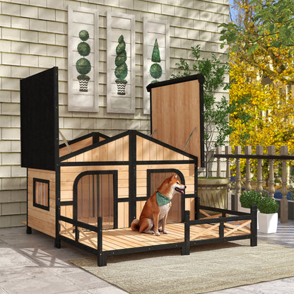 59x64x39 Large Collarpaws™ Wooden Dog House Raised Weatherproof Rustic Log Cabin Style Elevated Pet Shelter Porch Deck, Natural