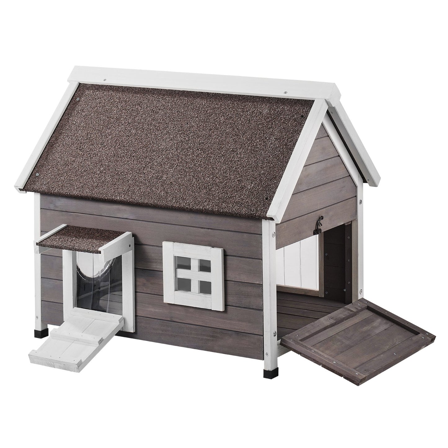 Outdoor Collarpaws™ Cat House Weatherproof, Feral Cat Shelter For Multiple Cats, Outdoor Wooden Cat House With Large Side Door, PVC Door Flaps, Open Roof, Clear Window, 22"L X 30"W X 26"H