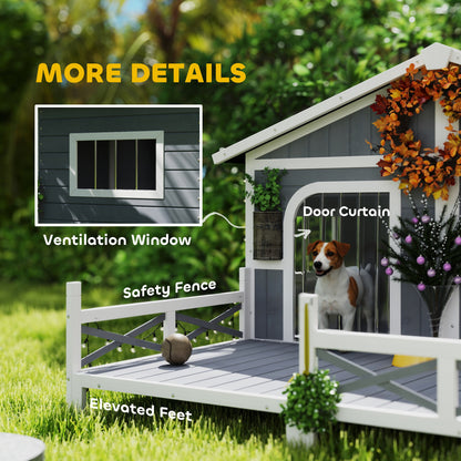 Collarpaws™ Dog House Outdoor, Wooden Dog Kennel Weatherproof with Porch, Openable Roof, Removable Bottom, Elevated Floor, Double Room for 2 Small to Medium Breeds, Gray