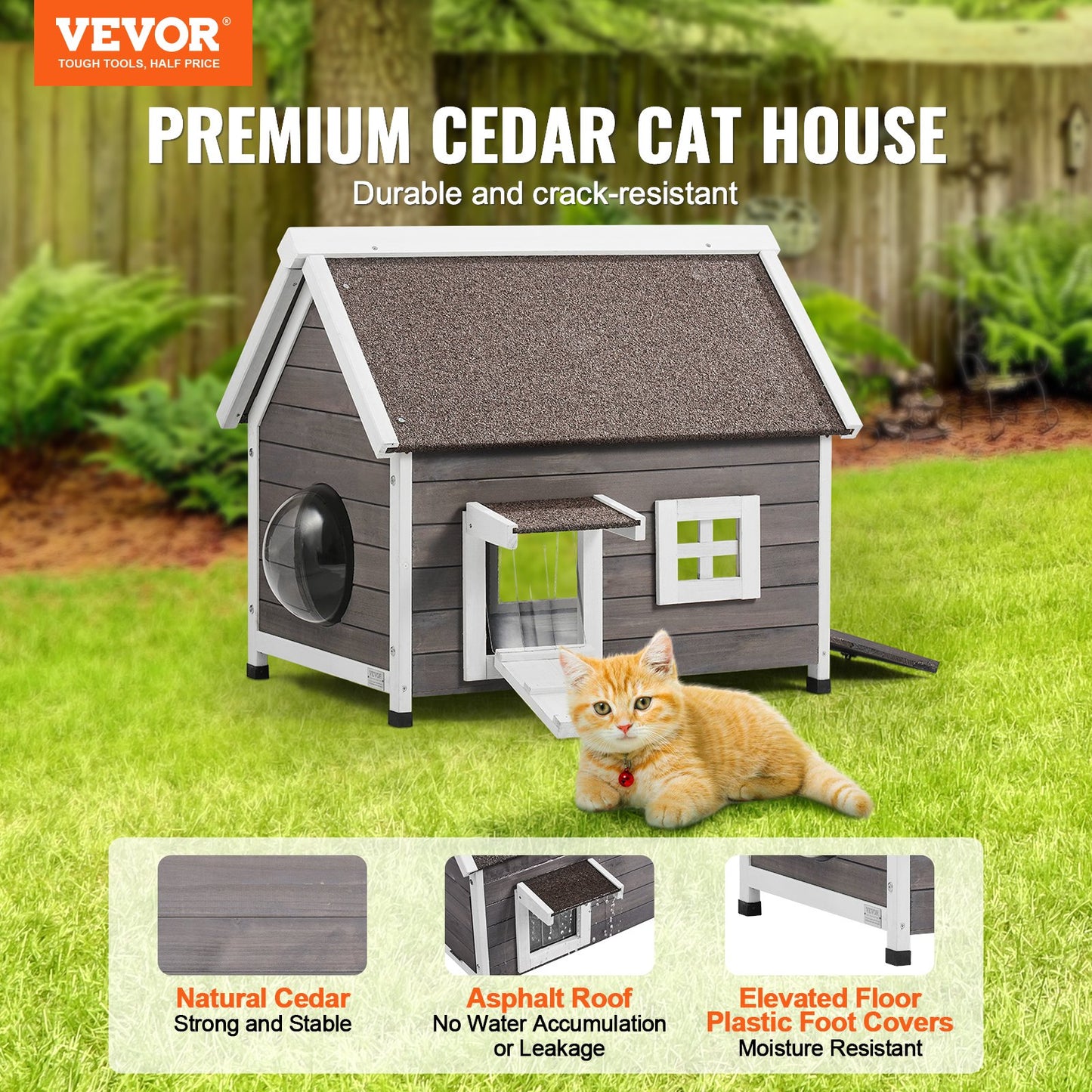 Outdoor Collarpaws™ Cat House Weatherproof, Feral Cat Shelter For Multiple Cats, Outdoor Wooden Cat House With Large Side Door, PVC Door Flaps, Open Roof, Clear Window, 22"L X 30"W X 26"H