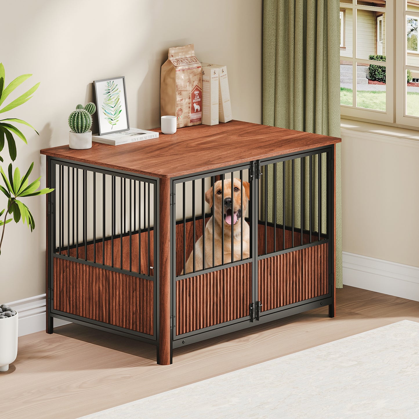 Collarpaws™ 43 Walnut Fluted Wood Furniture Style Dog Crate For Large & Medium Dogs - Double Door Design, Decorative Pet House & Indoor Side End Table.