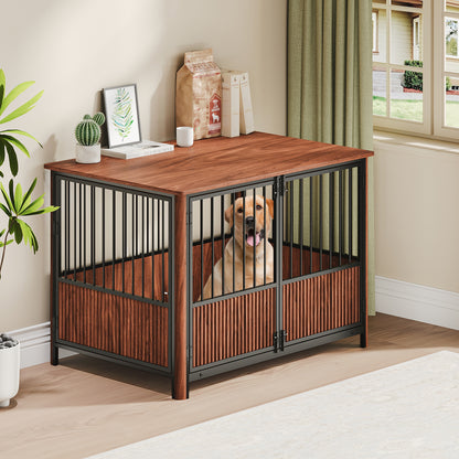 Collarpaws™ 43 Walnut Fluted Wood Furniture Style Dog Crate For Large & Medium Dogs - Double Door Design, Decorative Pet House & Indoor Side End Table.