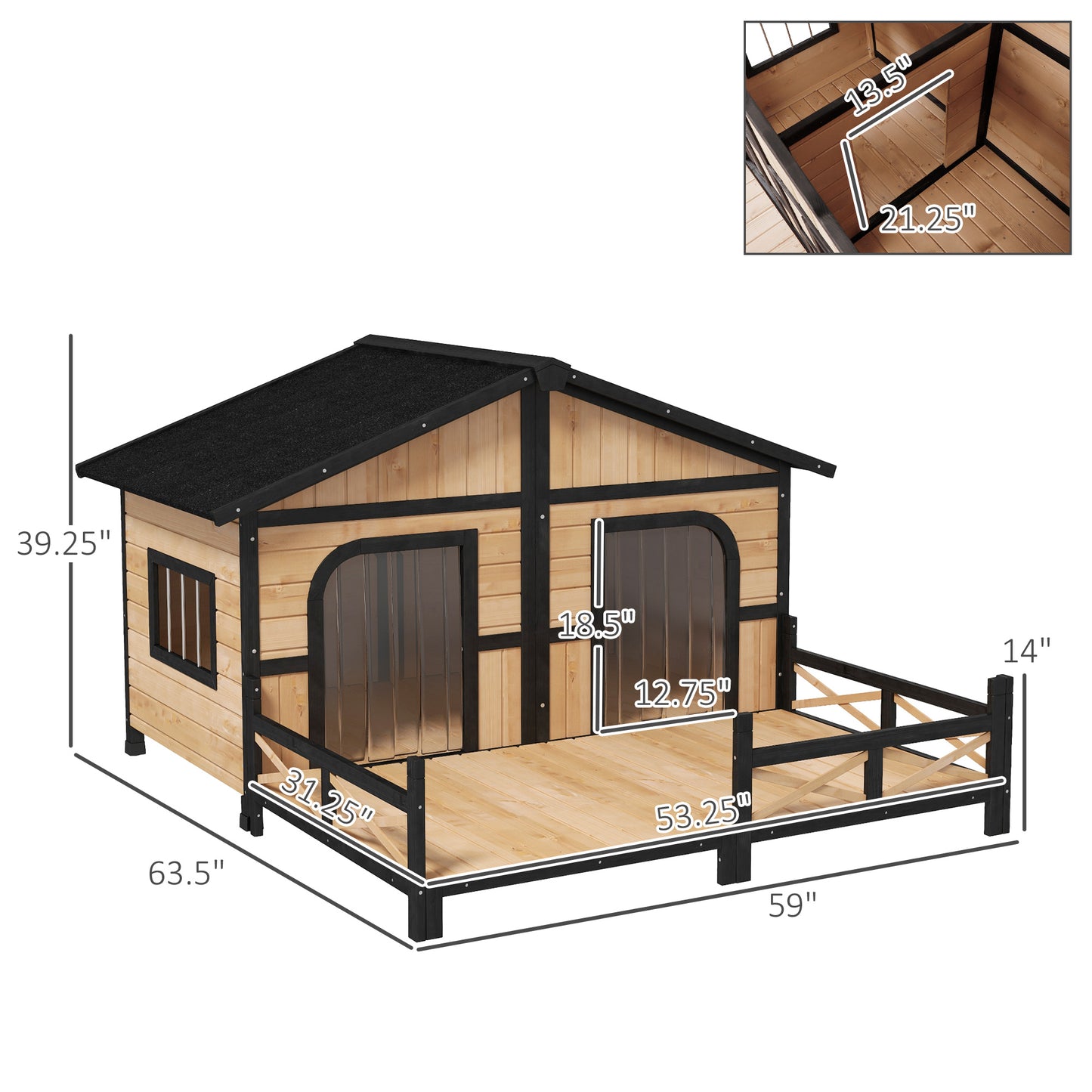 59x64x39 Large Collarpaws™ Wooden Dog House Raised Weatherproof Rustic Log Cabin Style Elevated Pet Shelter Porch Deck, Natural