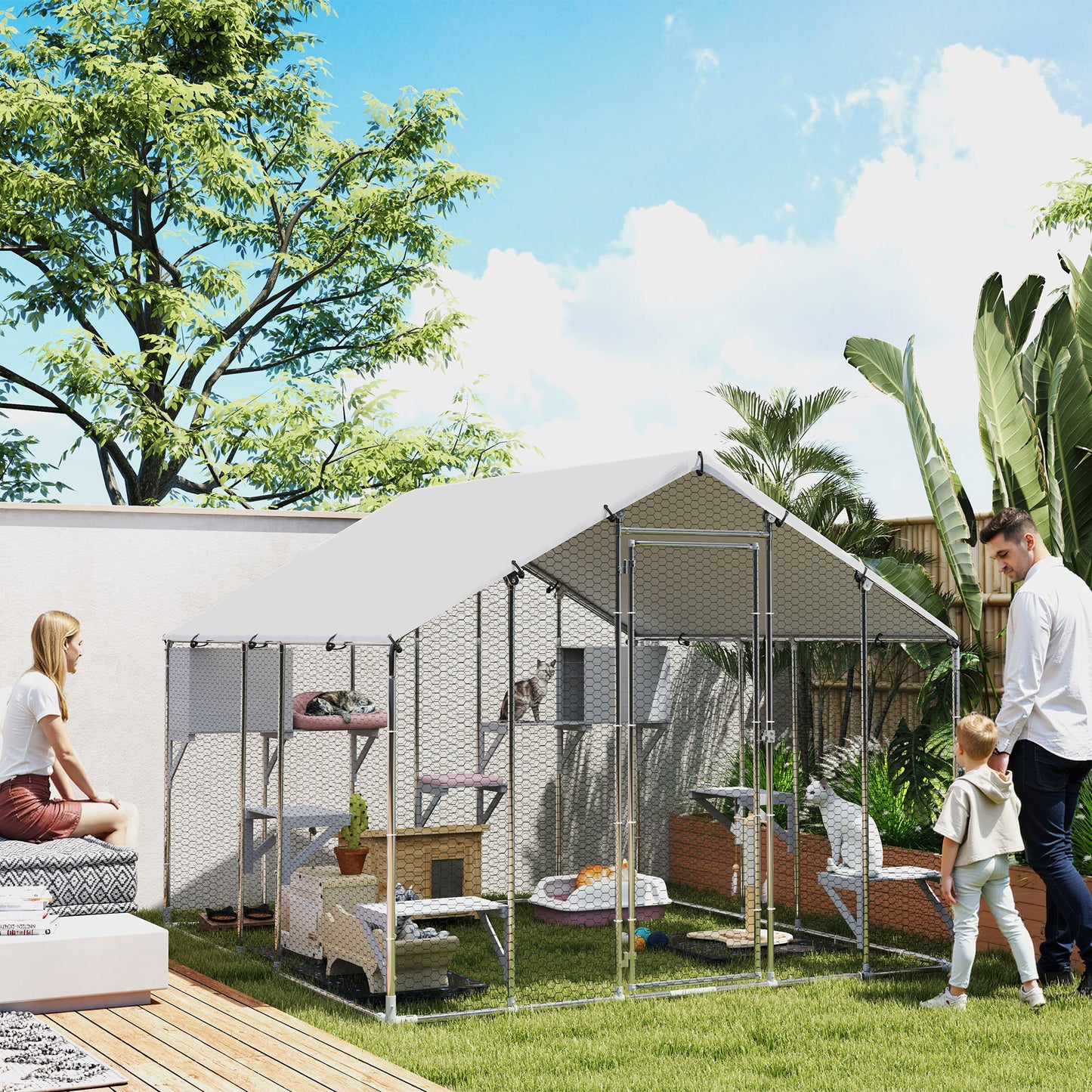 94.5" Extra Large Collarpaws™ Metal Outdoor Catio with Waterproof Cover, 2 Resting Boxes, 7 Jumping Platforms, for Multiple Cats