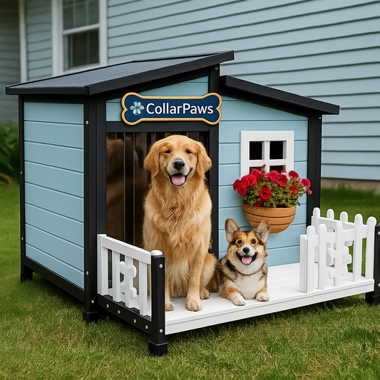 Collarpaws™ Large Dog House Outdoor Indoor for Small Medium Large Dog, Wood Insulated Dog Kennel Home with Durable Weatherproof Asphalt Roof and Elevated Floor Outside Shelter Brown 39x37x30 Inches