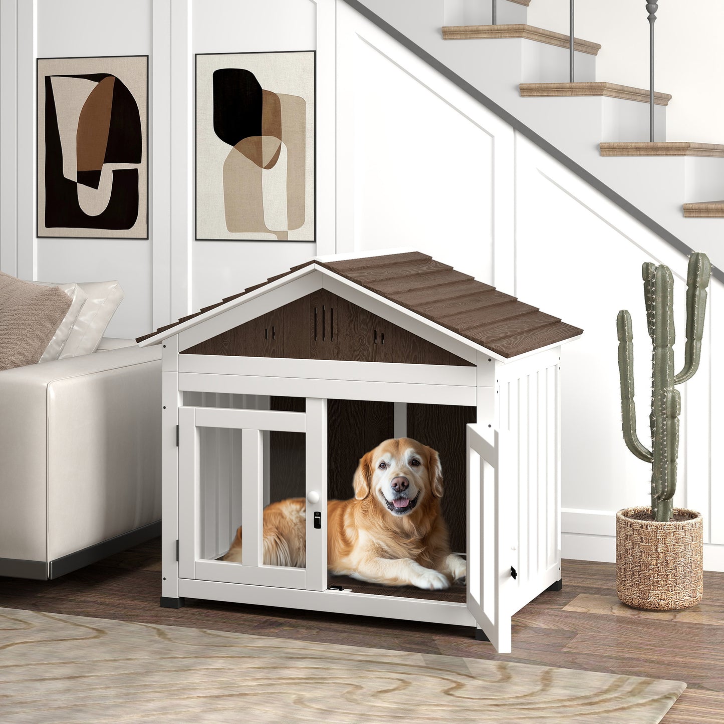 40"L Collarpaws™ Wooden Dog House Outdoor Indoor For Small, Medium, Large Dogs, With Air Vents & Elevated Removable Floor