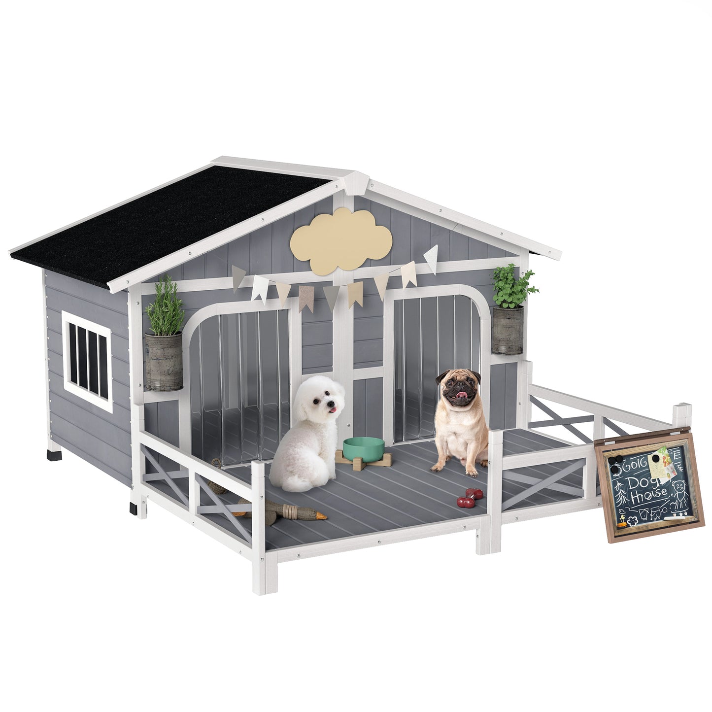 Collarpaws™ Dog House Outdoor, Wooden Dog Kennel Weatherproof with Porch, Openable Roof, Removable Bottom, Elevated Floor, Double Room for 2 Small to Medium Breeds, Gray