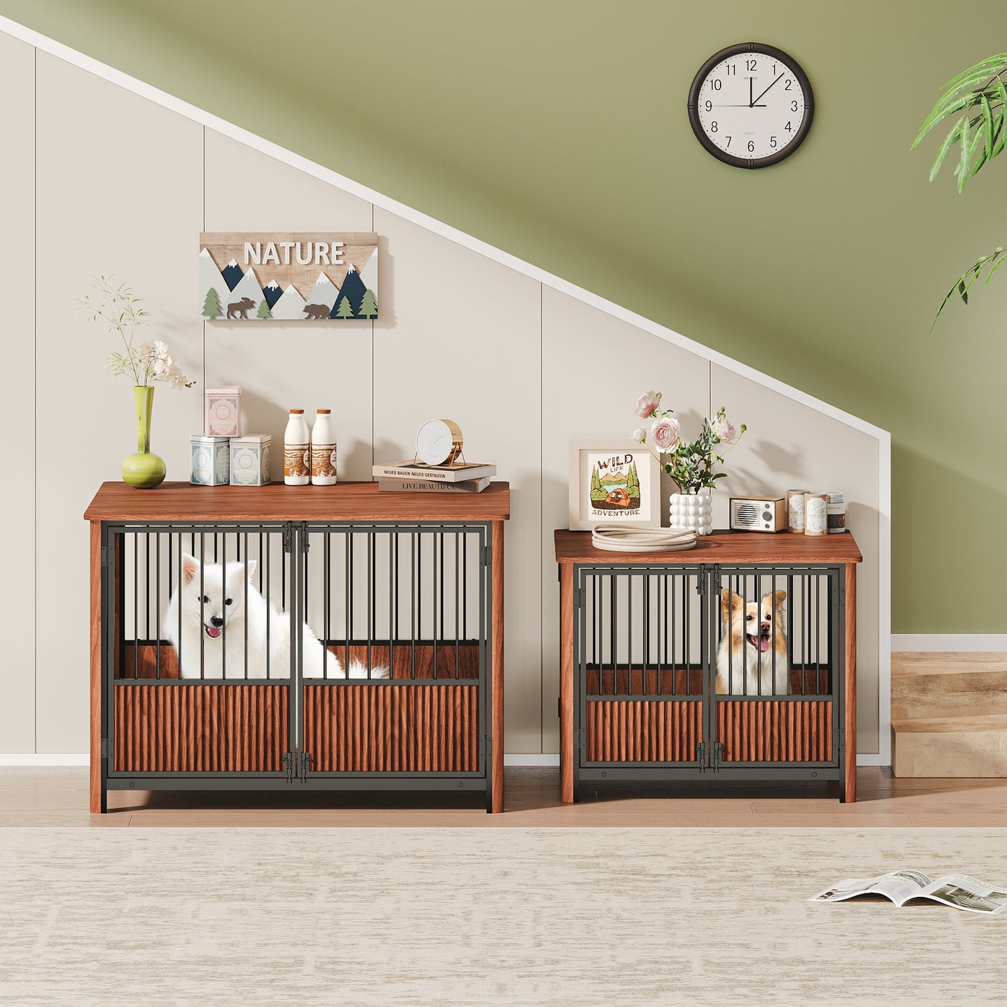 Collarpaws™ 43 Walnut Fluted Wood Furniture Style Dog Crate For Large & Medium Dogs - Double Door Design, Decorative Pet House & Indoor Side End Table.