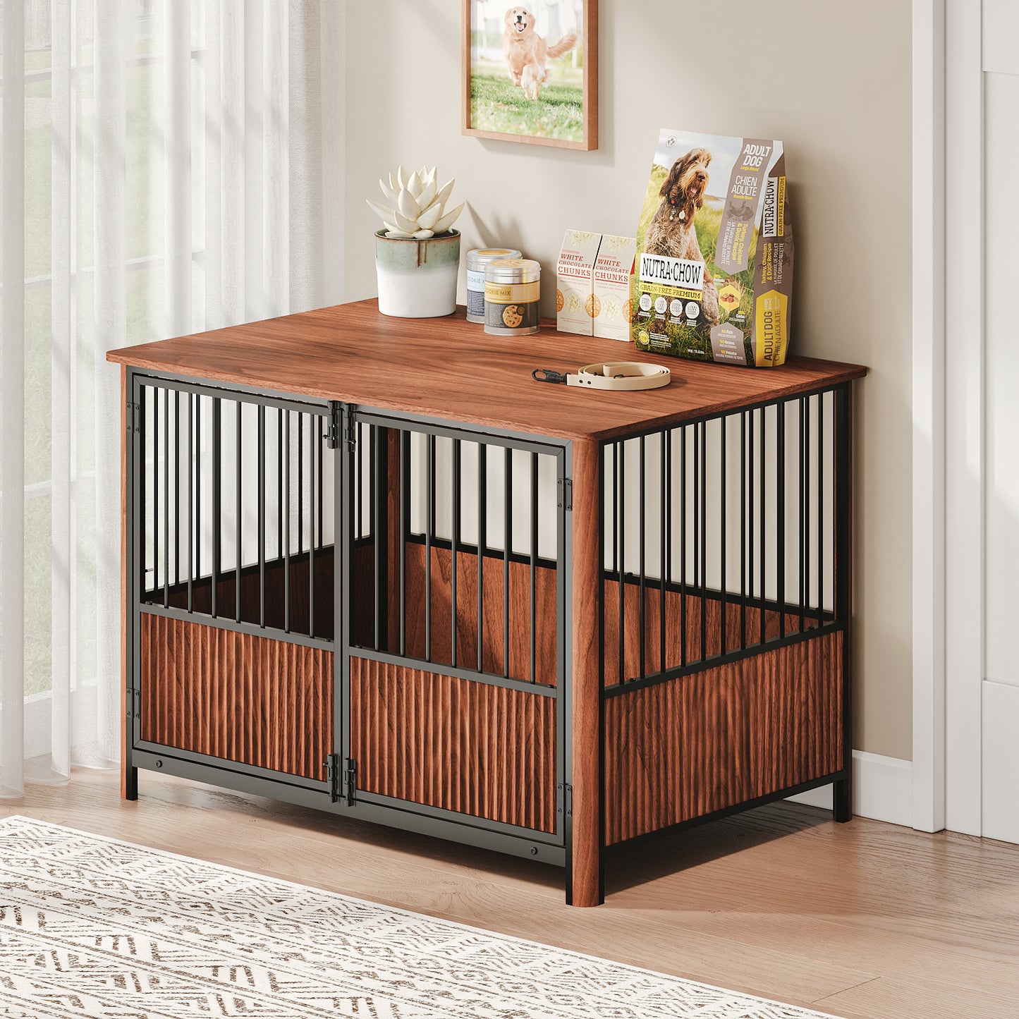 Collarpaws™ 43 Walnut Fluted Wood Furniture Style Dog Crate For Large & Medium Dogs - Double Door Design, Decorative Pet House & Indoor Side End Table.