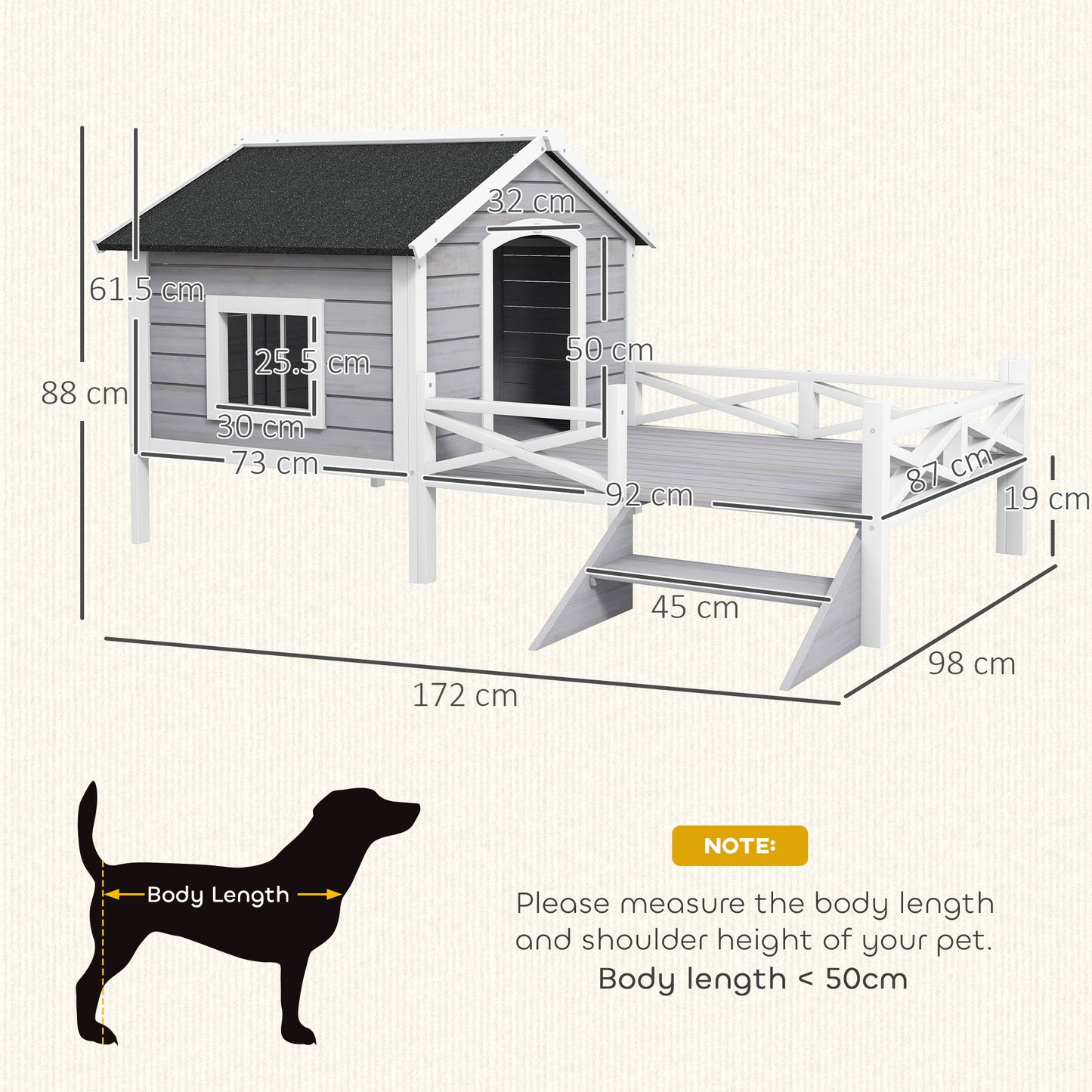PawHut Small/Medium Dog House With Porch, Grey