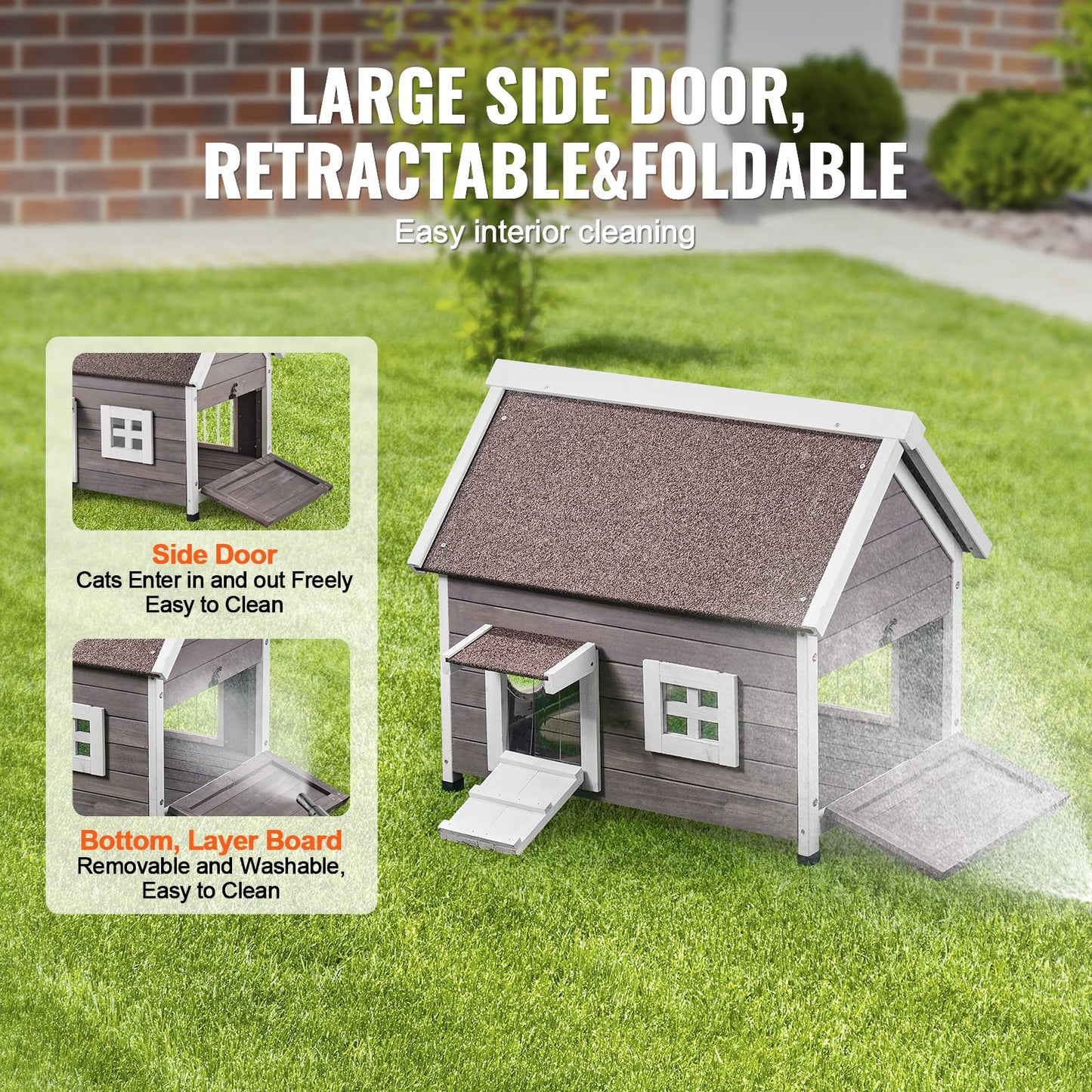 Outdoor Collarpaws™ Cat House Weatherproof, Feral Cat Shelter For Multiple Cats, Outdoor Wooden Cat House With Large Side Door, PVC Door Flaps, Open Roof, Clear Window, 22"L X 30"W X 26"H