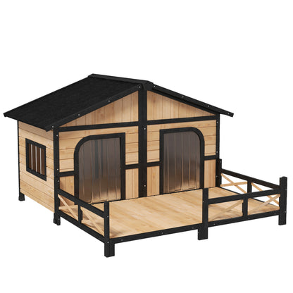59x64x39 Large Collarpaws™ Wooden Dog House Raised Weatherproof Rustic Log Cabin Style Elevated Pet Shelter Porch Deck, Natural